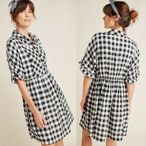 Anthropologie Porridge Dinah Gingham Cottagecore Prairie Black White Shirt Dress